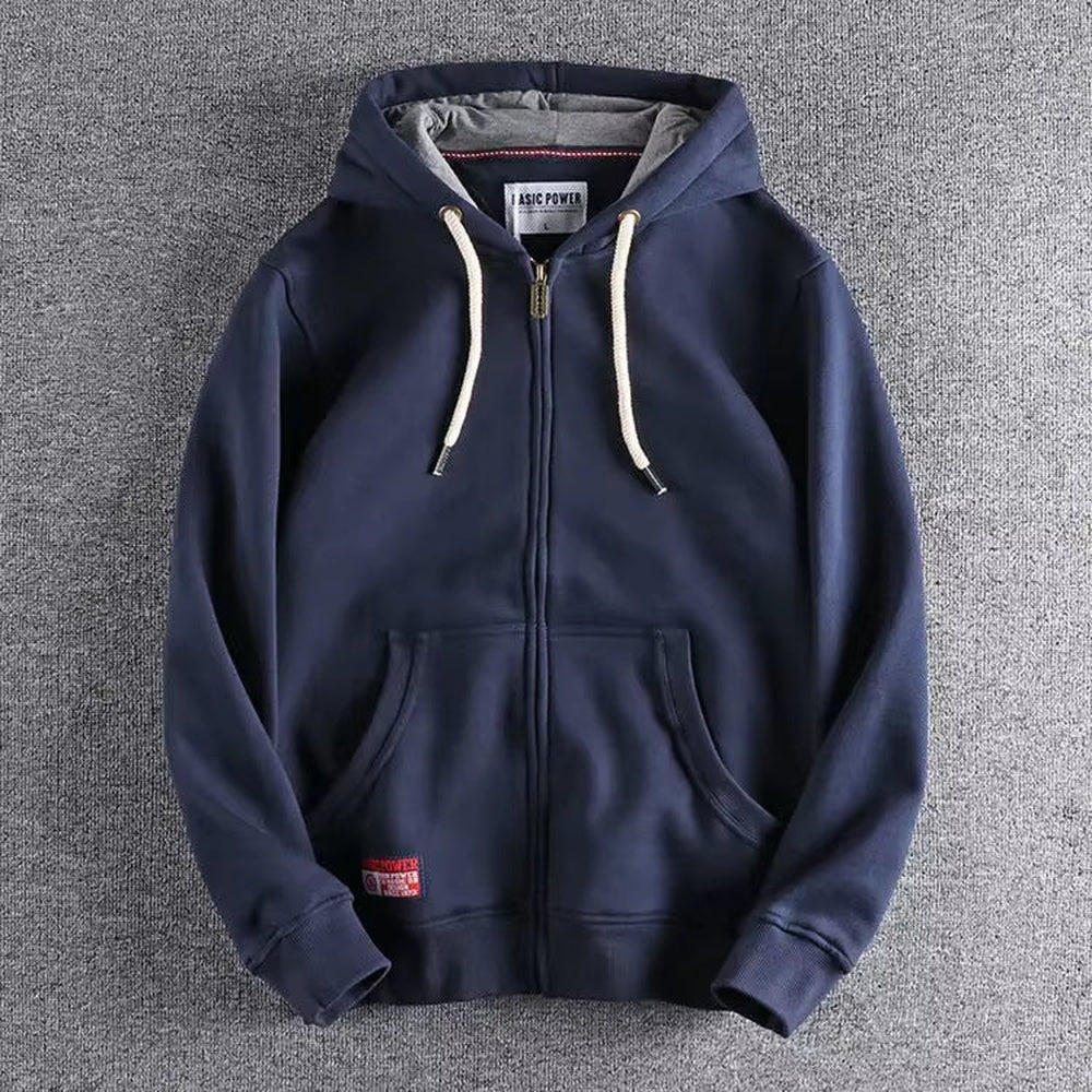 Marineblauwe hoodie met doorlopende rits en kangoeroezak, plat neergelegd | Boutique Moda