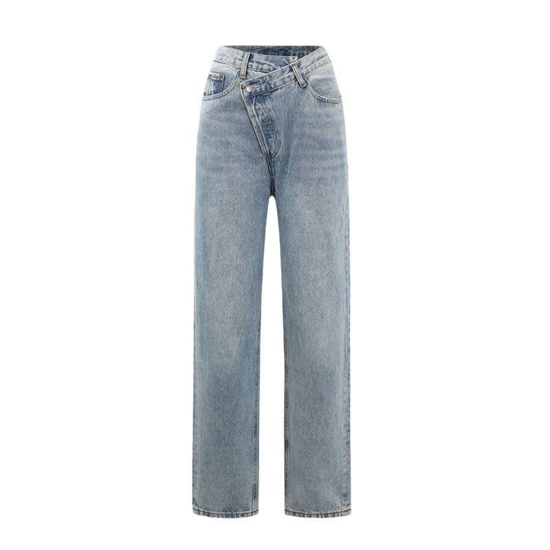 Jeans met gekruiste tailleband, plat neergelegd, voorkant