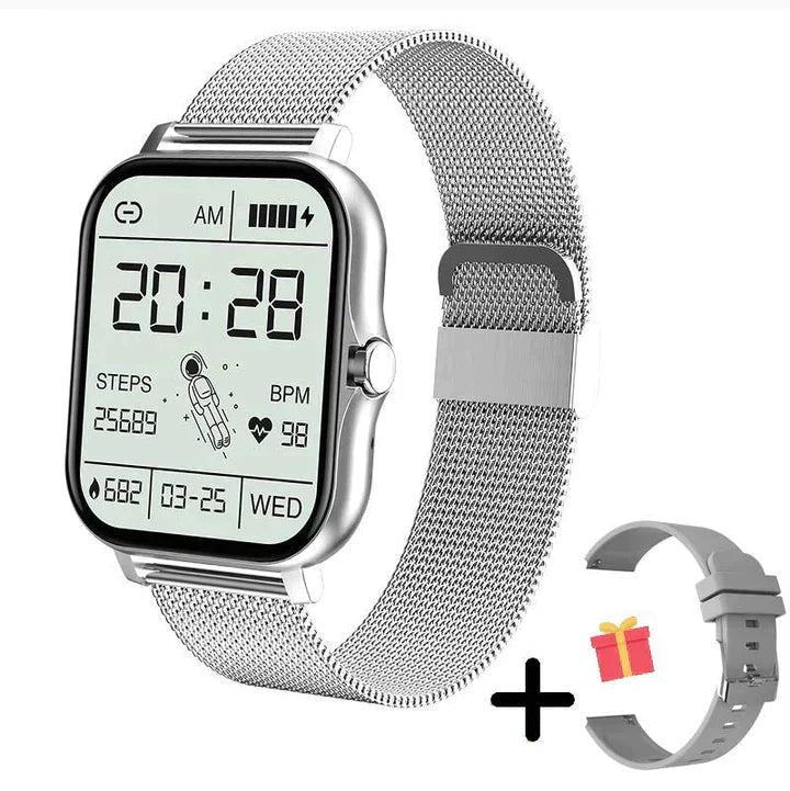 Zilveren smartwatch met metalen band en extra grijze siliconen bandje erbij | Boutique Moda