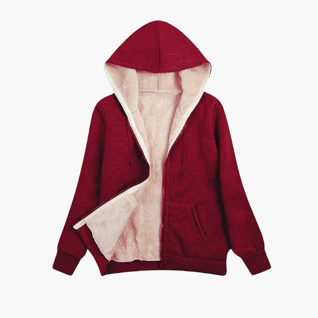 Rood sweatvest met crèmekleurige teddyvoering en rits, open neergelegd | Boutique Moda