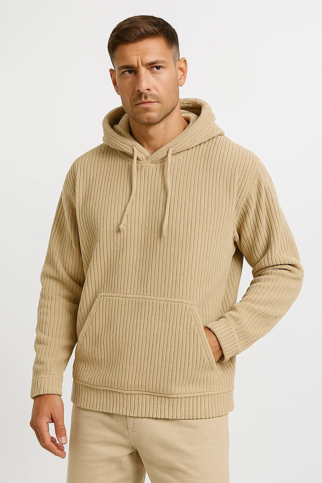Corduroy hoodie voor heren in beige, gedragen, voorkant