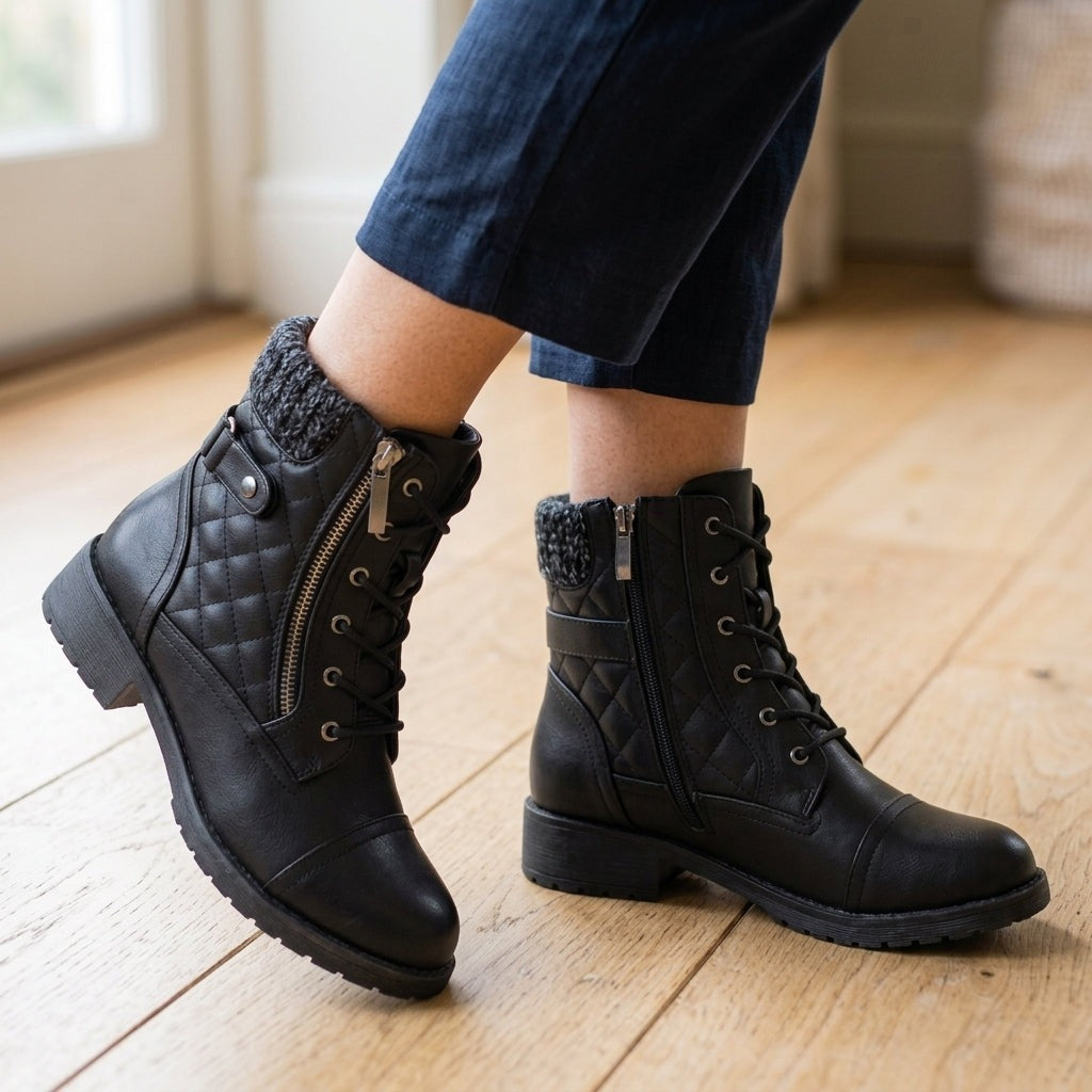 Zwarte doorgestikte veterboots met gebreide rand