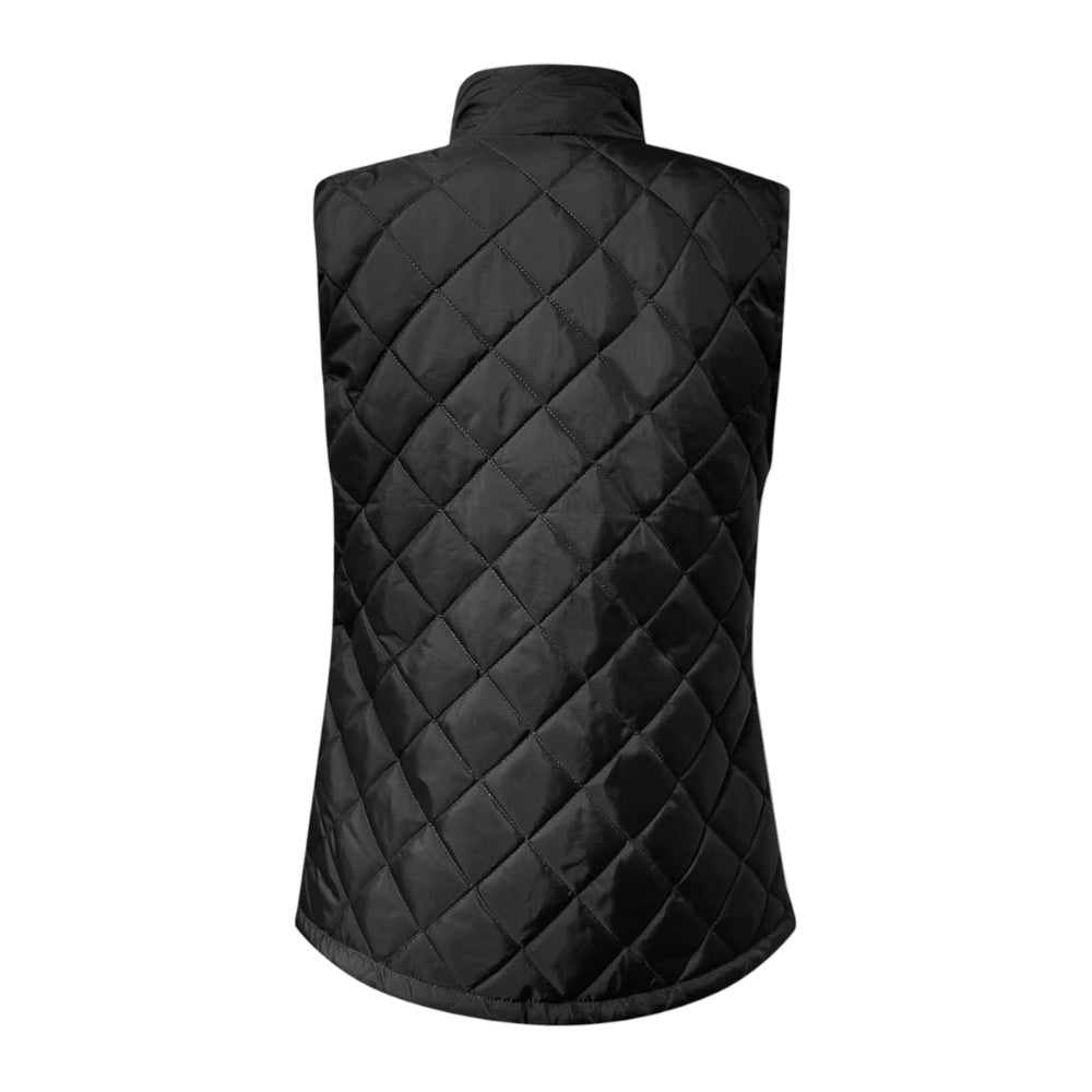 Achterkant van de zwarte doorgestikte bodywarmer
