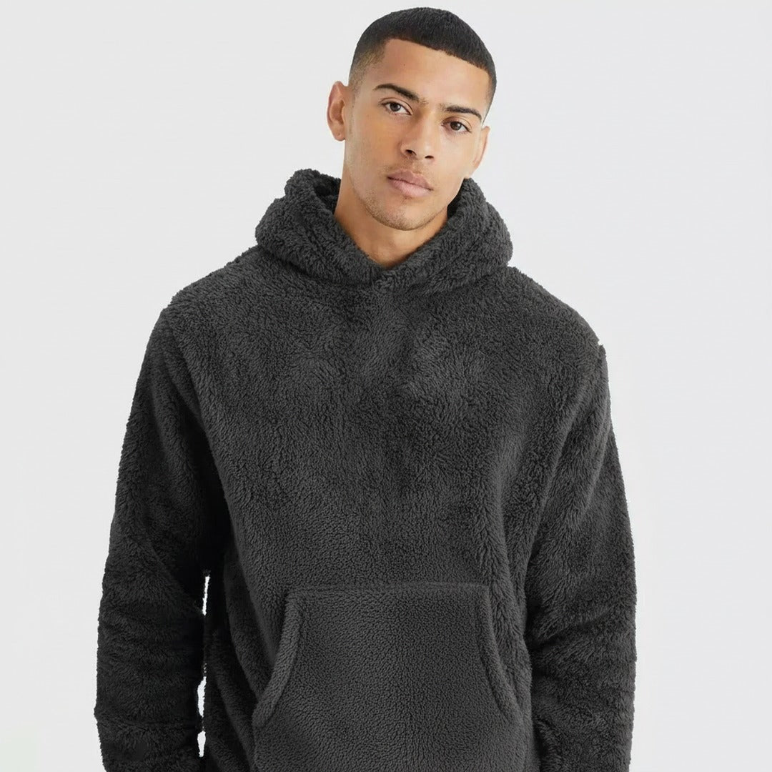 Teddy hoodie voor heren in donkergrijs, gedragen, voorkant