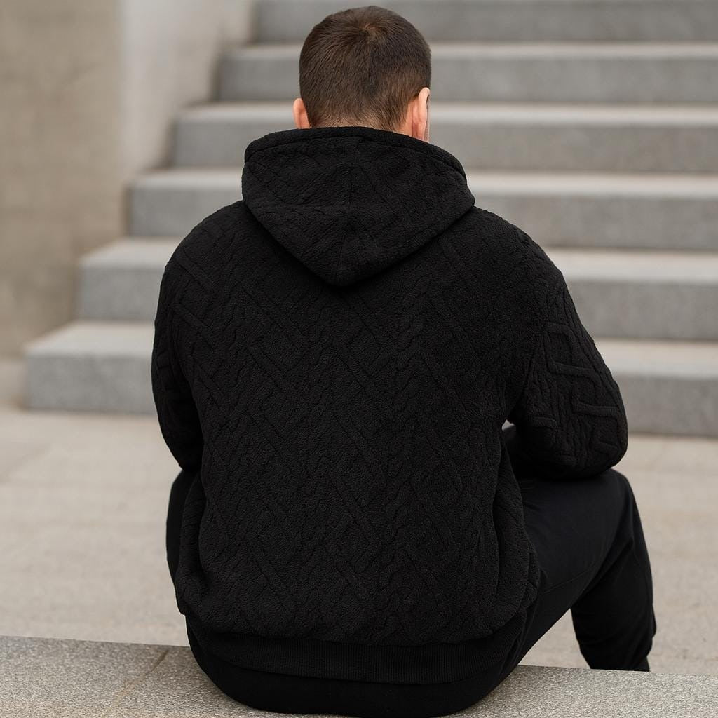 Teddyhoodie met ruitpatroon voor heren in zwart, gedragen, achterkant