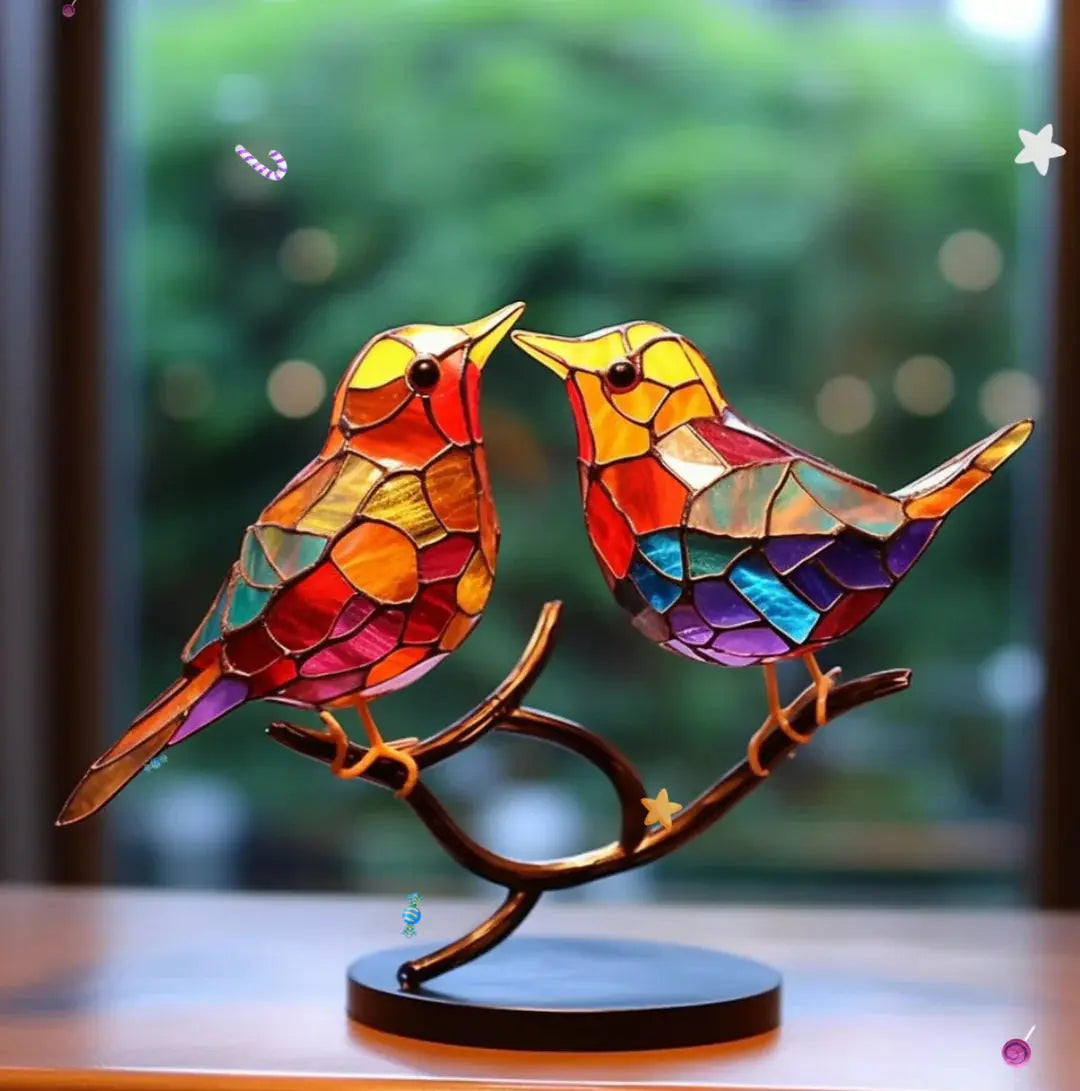 Twee glas-in-loodstijl vogels in felle kleuren op metalen standaard | Boutique Moda