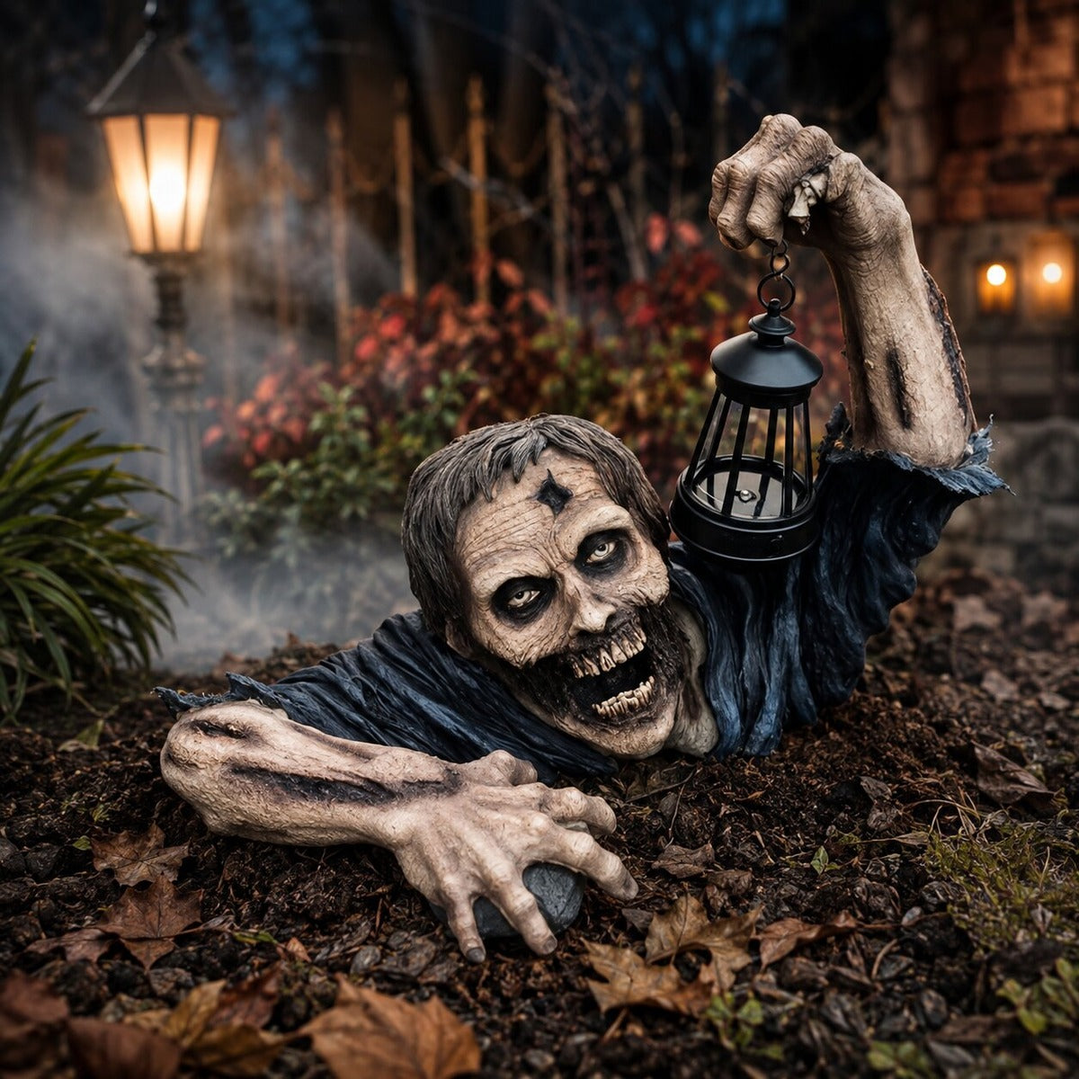 Zombie met lantaarn in een mistige tuin bij tuinlantaarns