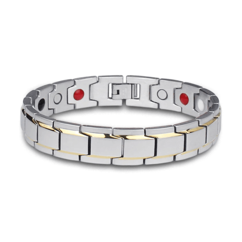 Zilverkleurige metalen armband met gouden accentstreep, plat gefotografeerd zonder model | Boutique Moda
