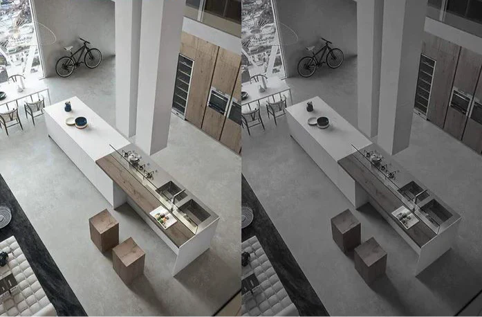 Vergelijking van keukeninterieur in kleur- en zwart-witweergave via camerabeeld | Boutique Moda