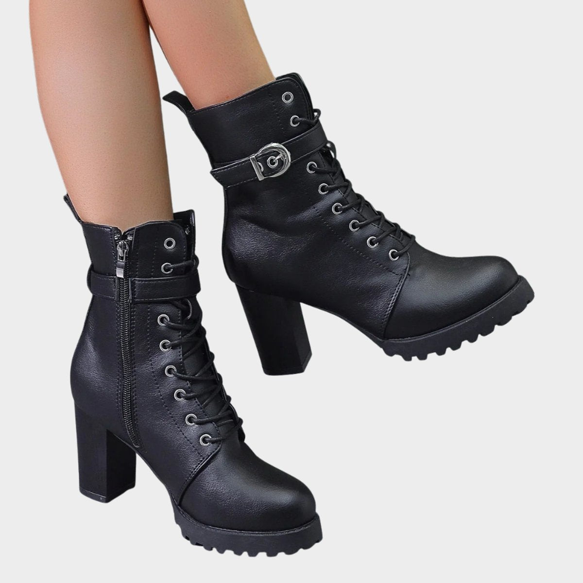Enkellaarsjes Dames | Blokhak | Veters | Gesp-Boutique Moda