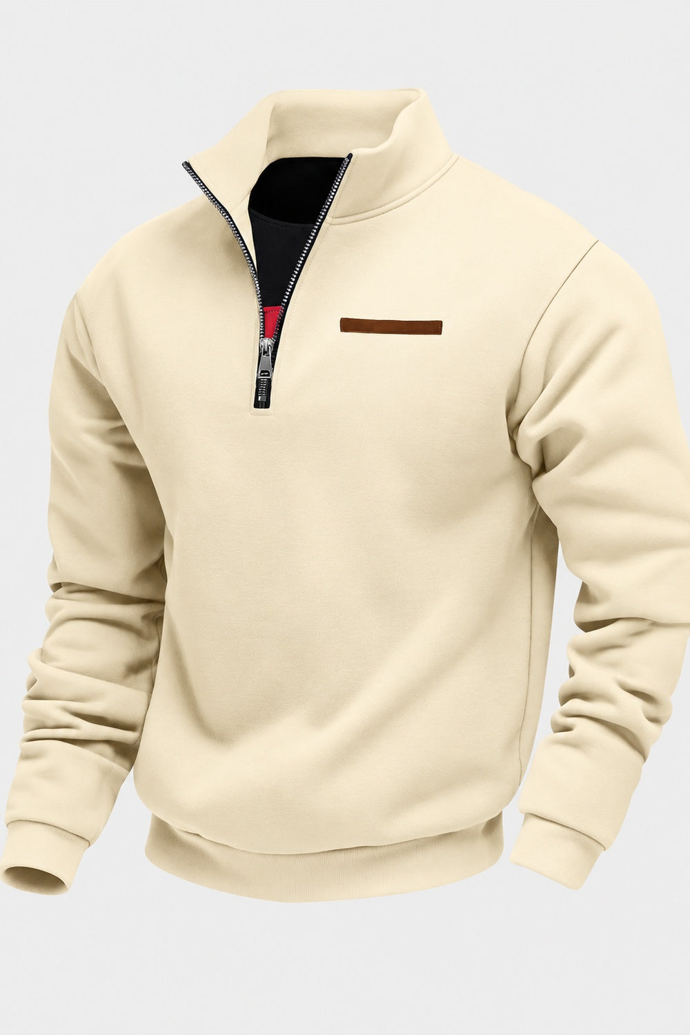 Beige sweater met korte rits en lipje in leerlook, productfoto | Boutique Moda