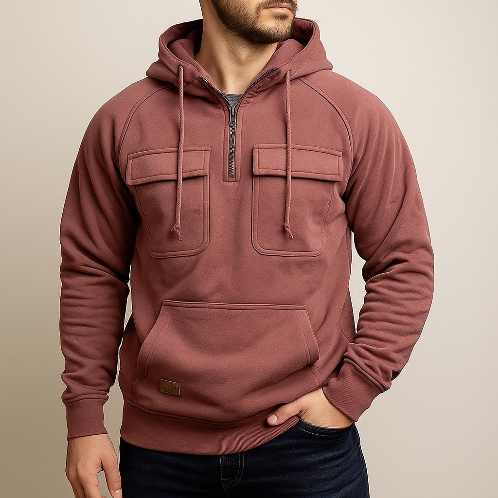 Utility hoodie met borstzakken voor heren in oudroze, gedragen, voorkant