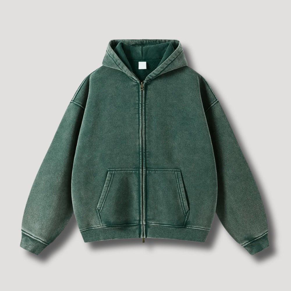 Washed hoodie met rits voor heren in groen, voorkant