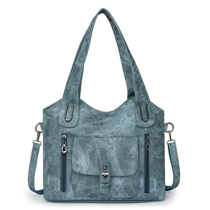 Schoudertas dames van imitatieleer in blauw, productfoto, voorkant