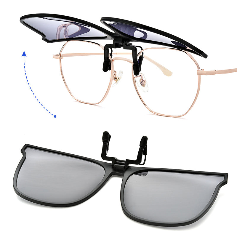 Zwarte opklapbare zonnebrilclip op metalen bril, apart getoond, geen persoon | Boutique Moda
