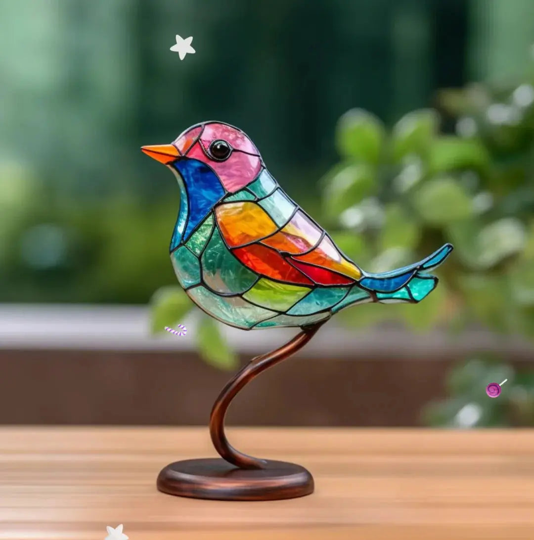 Kleurrijke glas-in-lood vogel op bronzen standaard, tafeldecoratie in mozaïekpatroon | Boutique Moda
