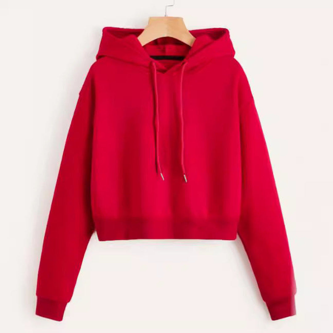Rode cropped hoodie aan een kleerhanger, met capuchon en geribde boorden | Boutique Moda