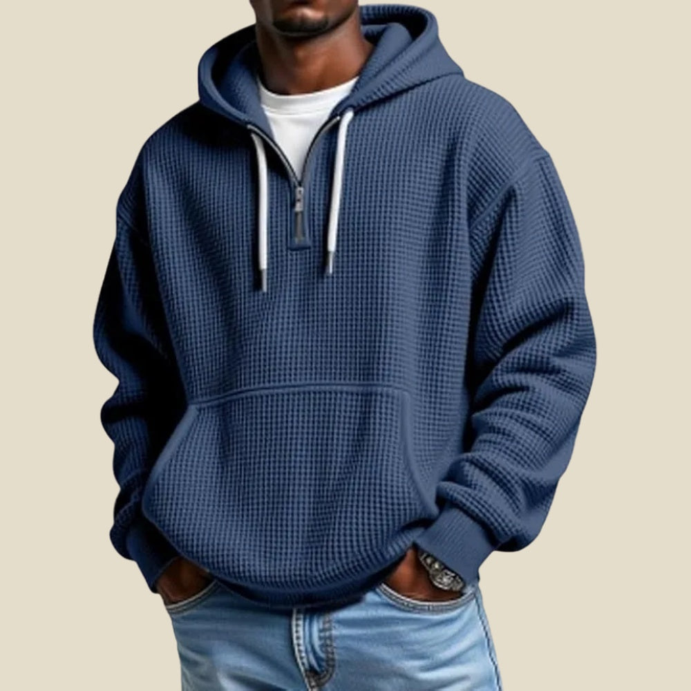 Half zip hoodie met wafelstructuur voor heren in marineblauw, gedragen, voorkant
