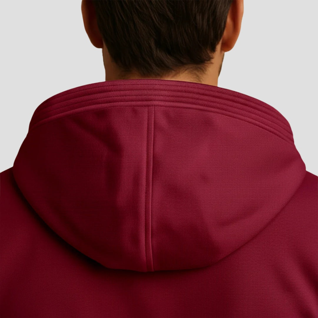 Teddyvest met capuchon voor heren in bordeaux, close-up van de capuchon van achteren