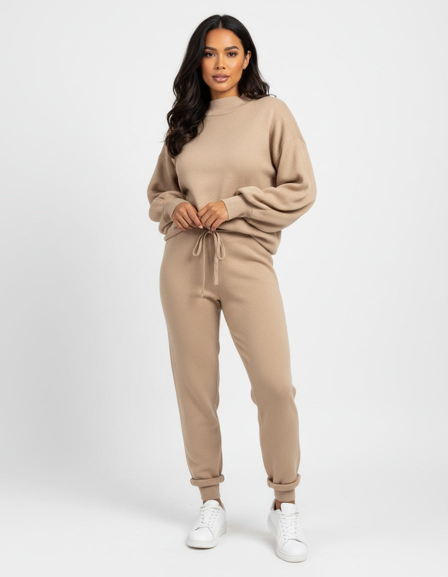 Gebreid huispak met trui en joggingbroek in beige, gedragen, vooraanzicht