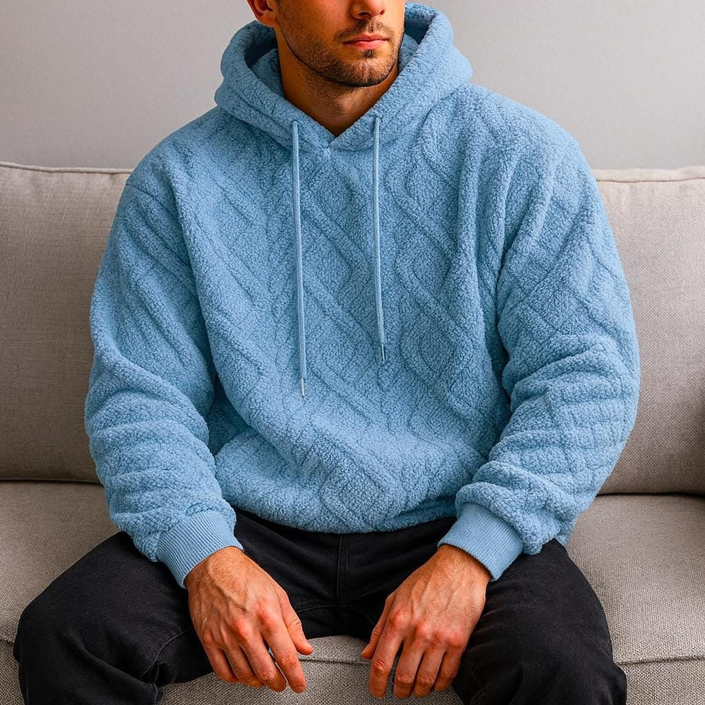 Teddyhoodie met ruitpatroon voor heren in lichtblauw, gedragen, voorkant