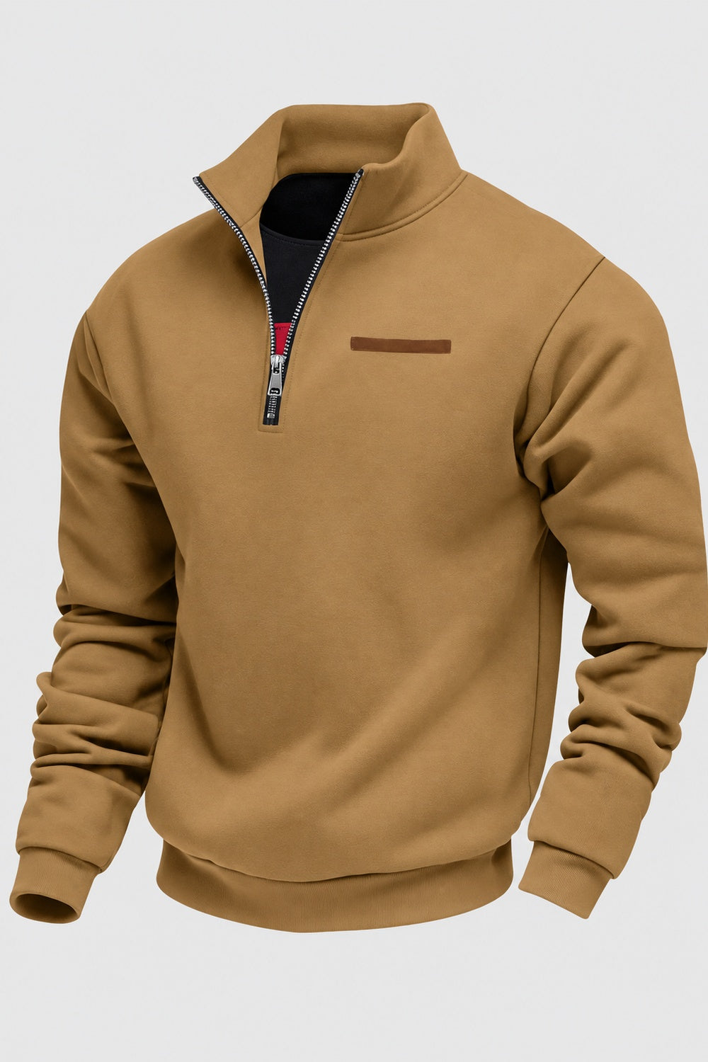 Camelkleurige sweater met opstaande kraag en metalen rits, productfoto | Boutique Moda