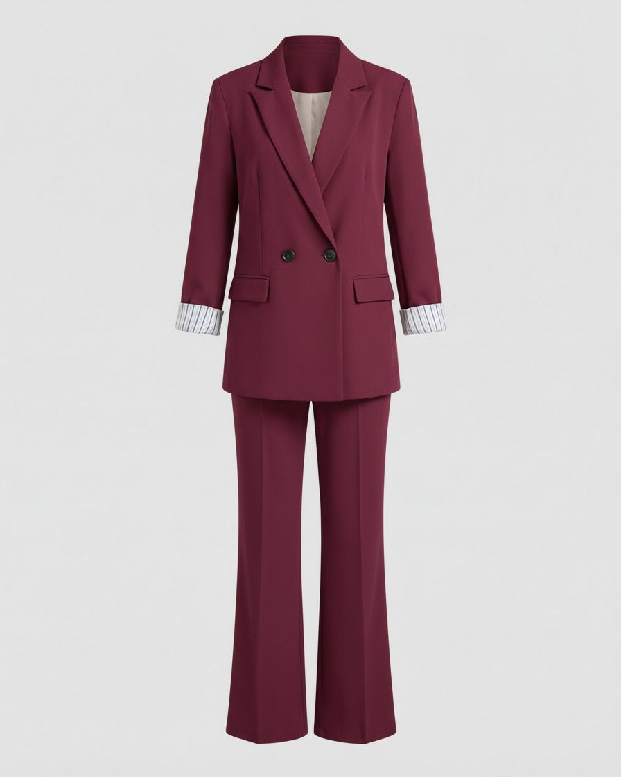 Tweedelig pak met getailleerde blazer en wijde broek in bordeaux, blazer en broek zonder model