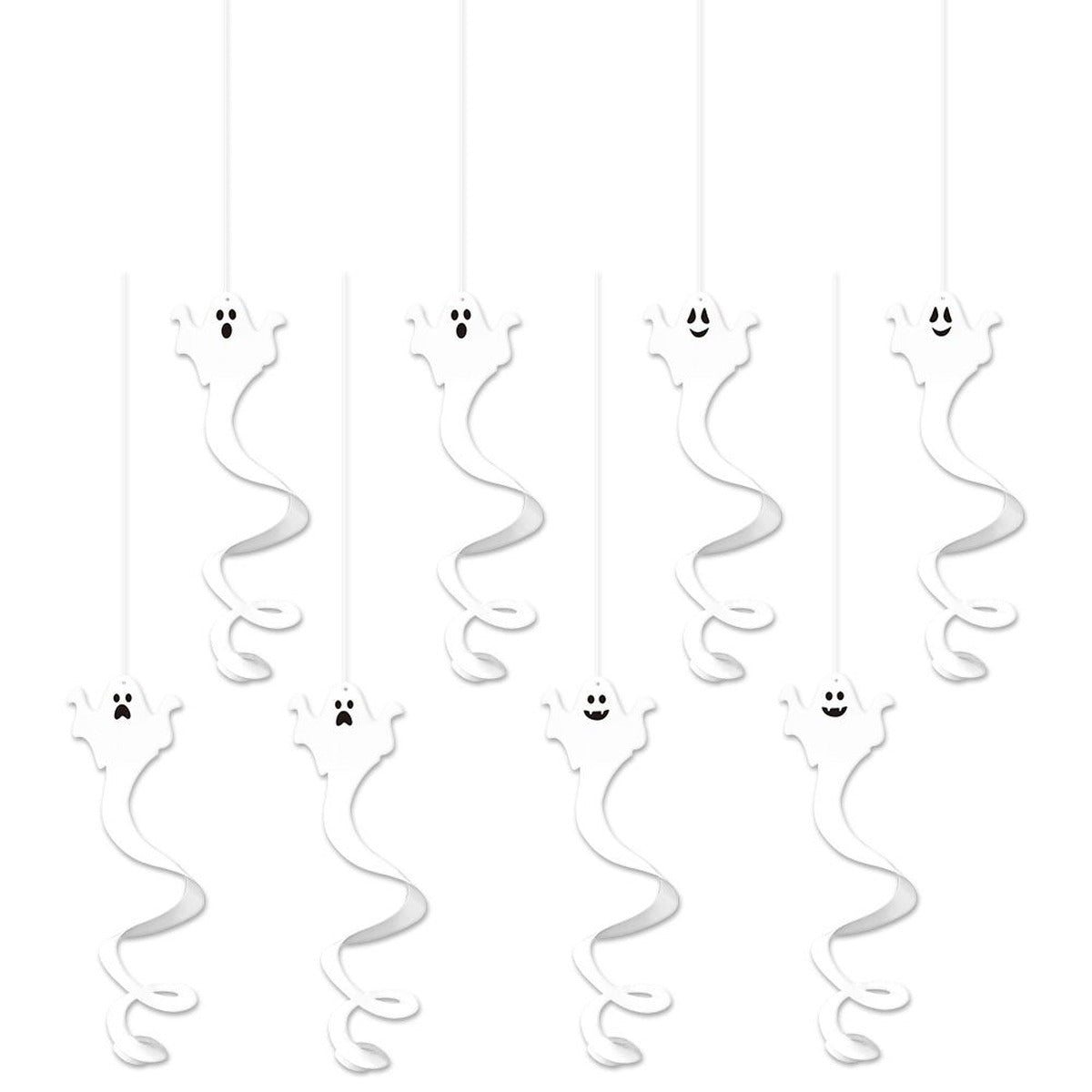 Set van 8 hangende spookjes op een witte achtergrond