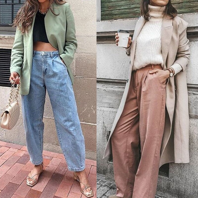 Lichtblauwe en terracotta barrel jeans, twee looks