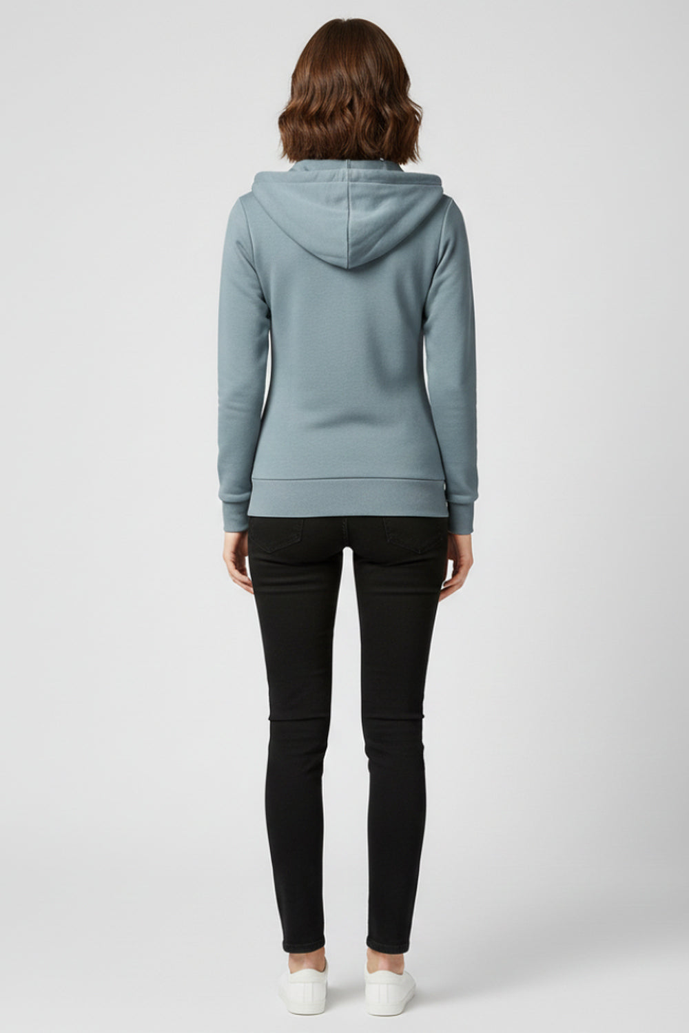 Achteraanzicht van het duifblauwe vest met capuchon en geribde zoomband | Boutique Moda