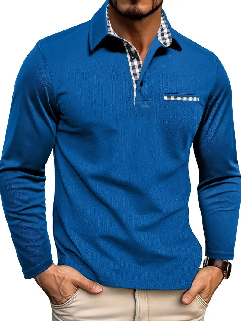 Poloshirt Heren | Lange Mouw | Borstzak | Geruite Kraag-Boutique Moda