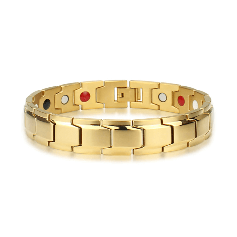 Gouden roestvrijstalen armband met schakels, plat gefotografeerd op witte achtergrond | Boutique Moda