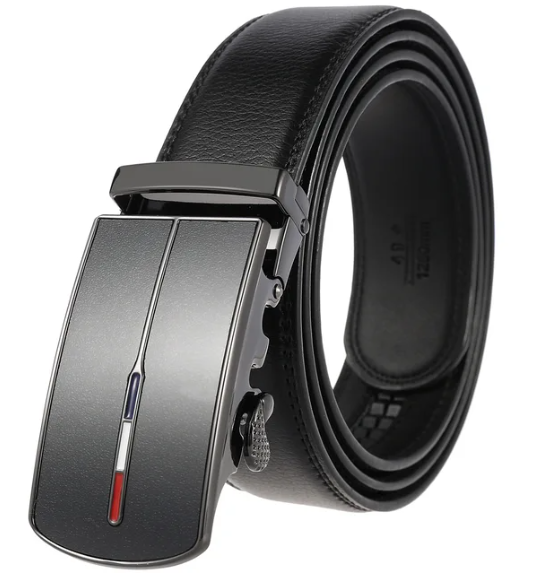 Zwarte leren riem met grijze metalen automatische gesp, plat neergelegd | Boutique Moda