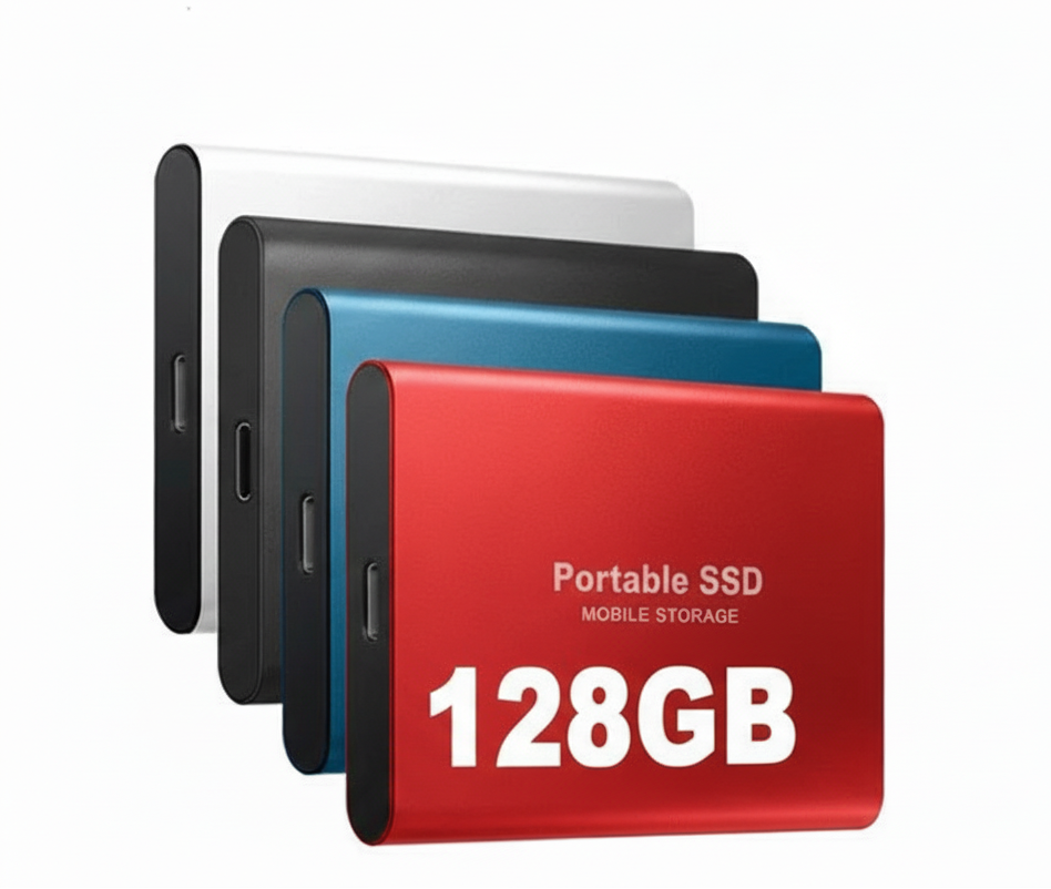 Vier draagbare SSD-schijven in rood, blauw, zwart en wit, plat liggend | Boutique Moda