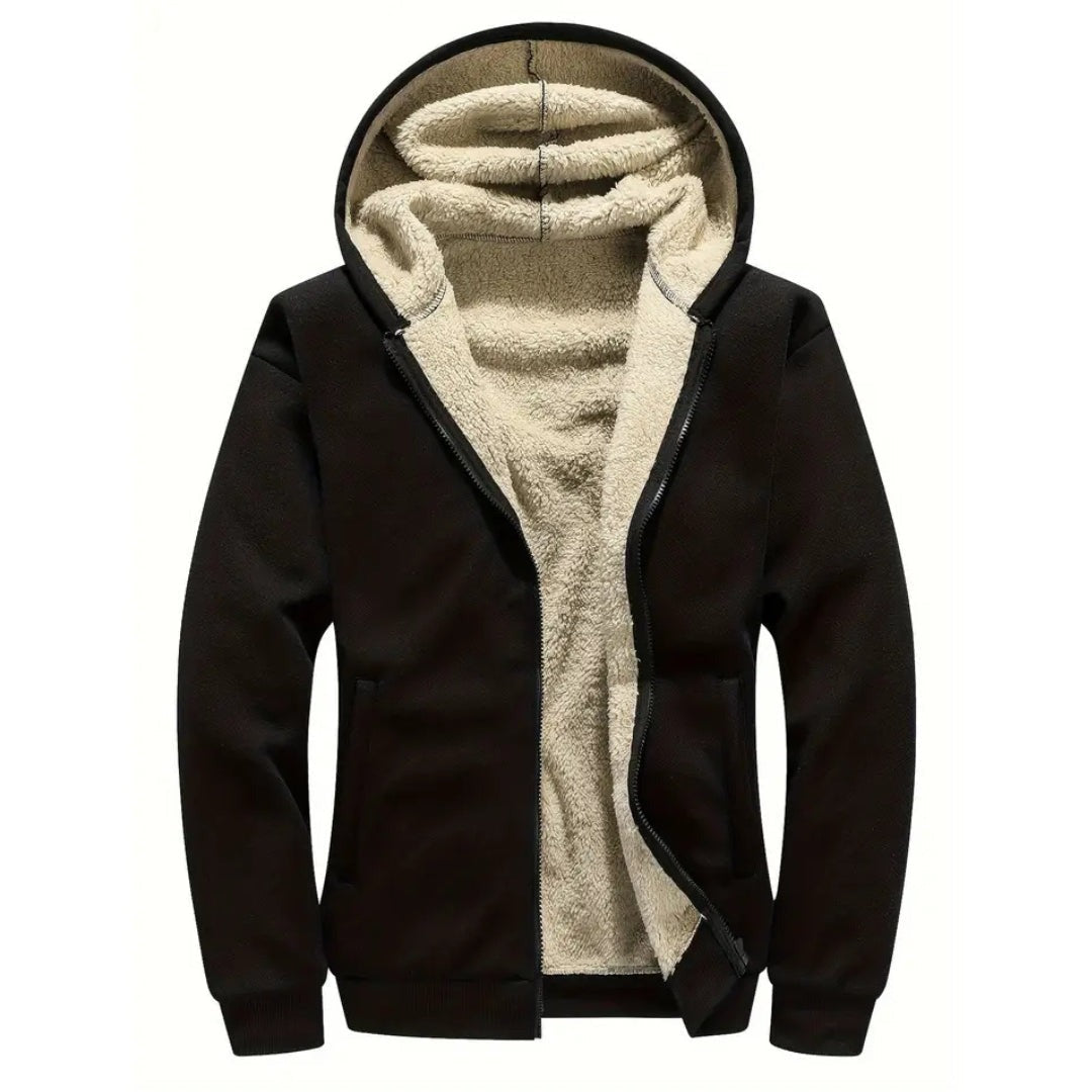 Gevoerde hoodie met rits voor heren in zwart, voorkant