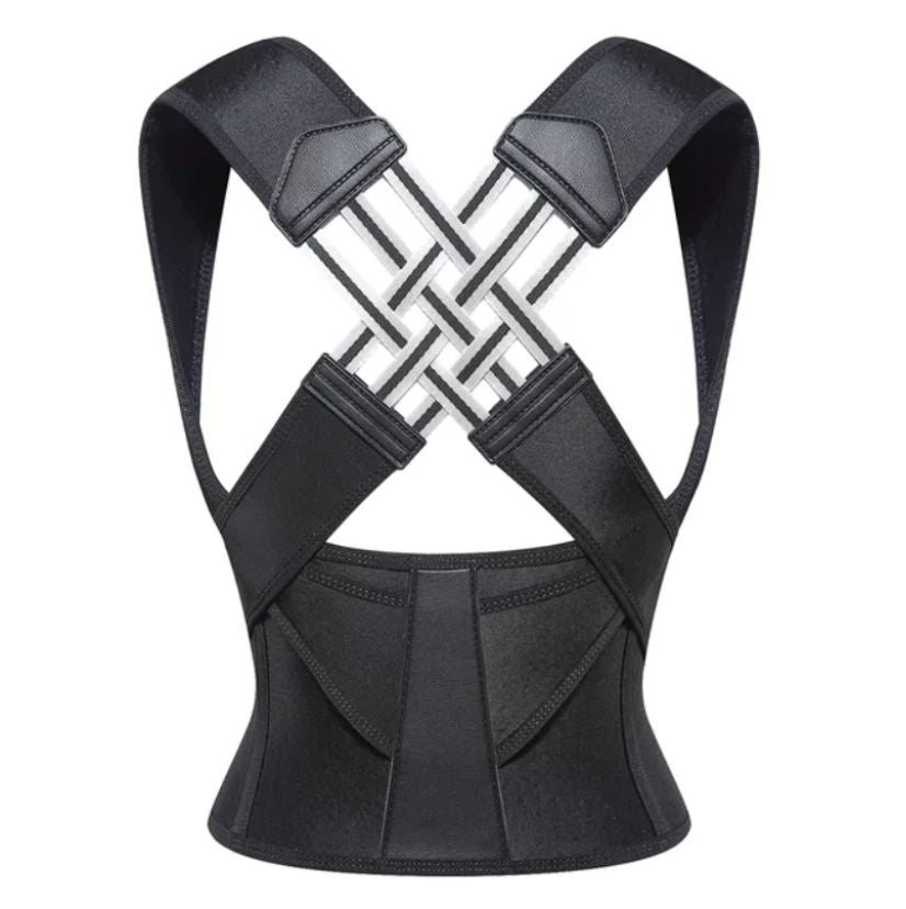 Zwarte verstelbare houdingcorrector met kruisbanden, vrijstaand tegen witte achtergrond getoond | Boutique Moda