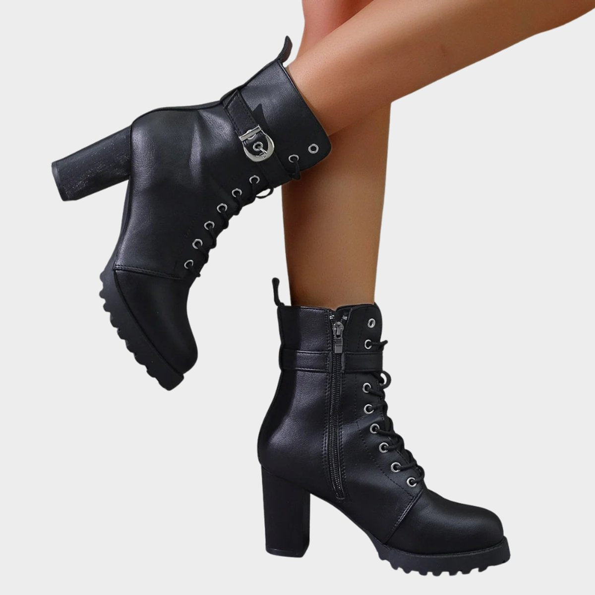 Enkellaarsjes Dames | Blokhak | Veters | Gesp-Boutique Moda