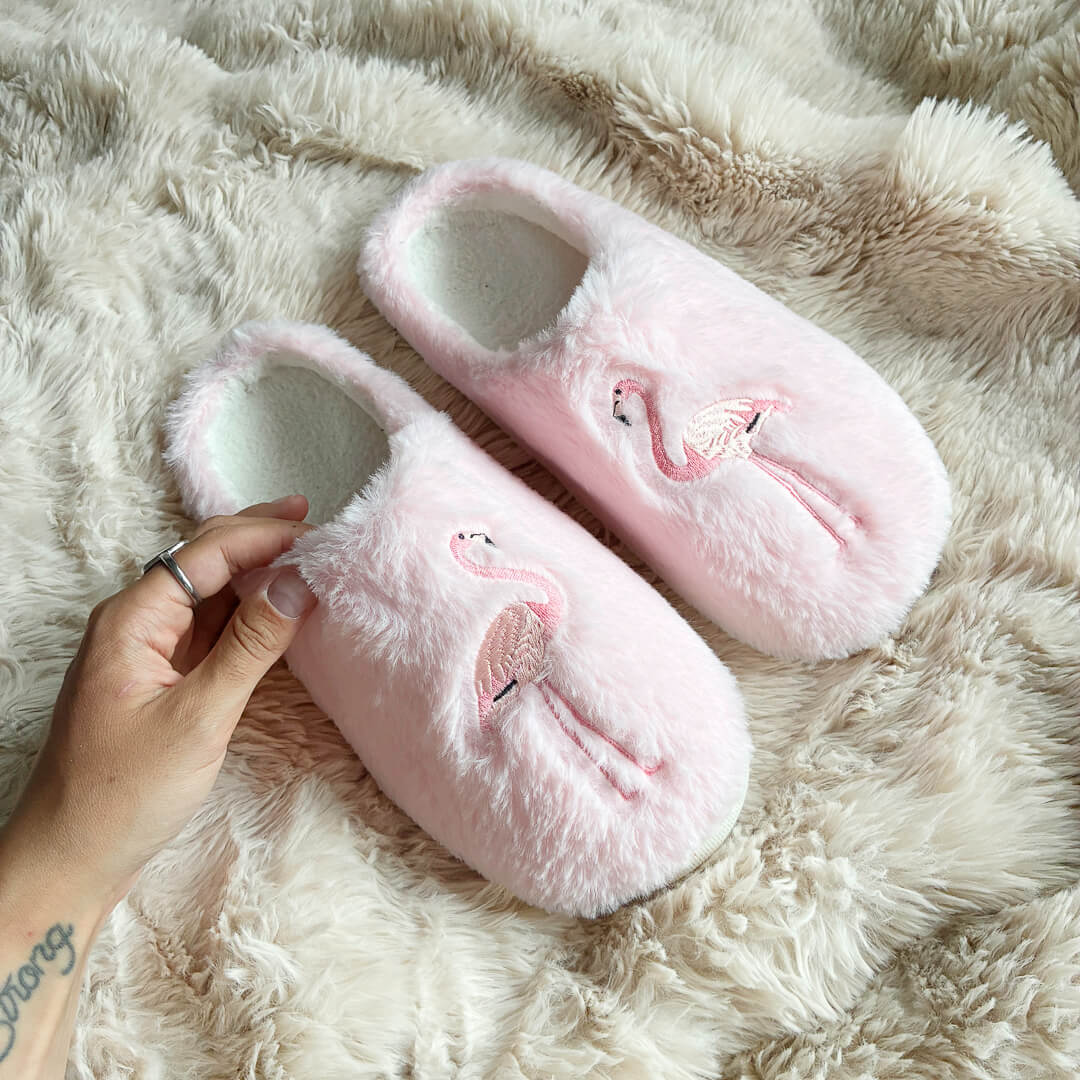 Flamingo Sloffen Dames | Pluche | Geborduurd | Gesloten Neus-Boutique Moda