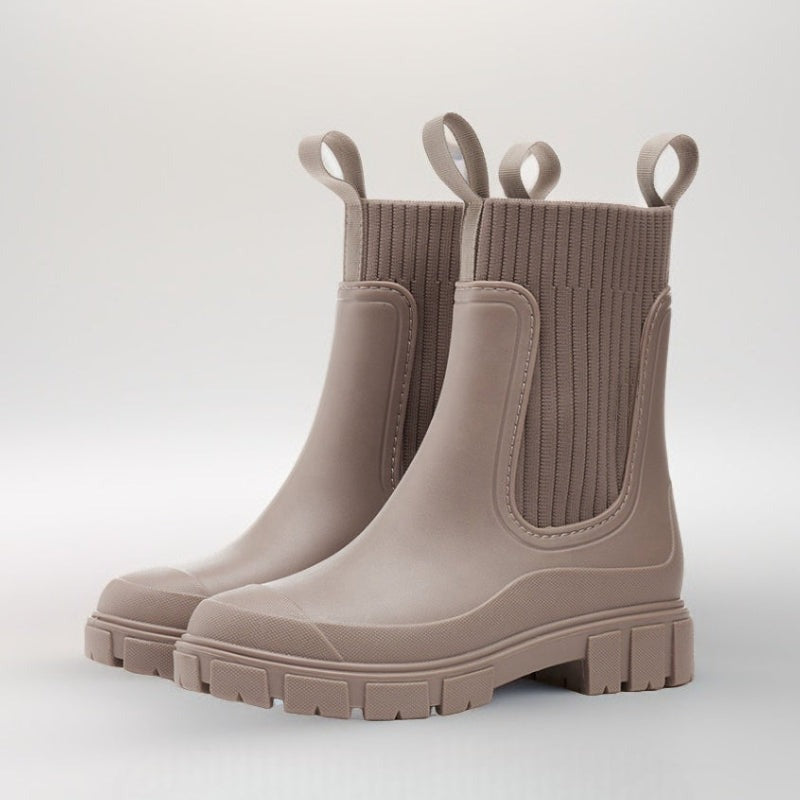 Halfhoge regenlaarzen met gebreide sokschacht in taupe, productfoto