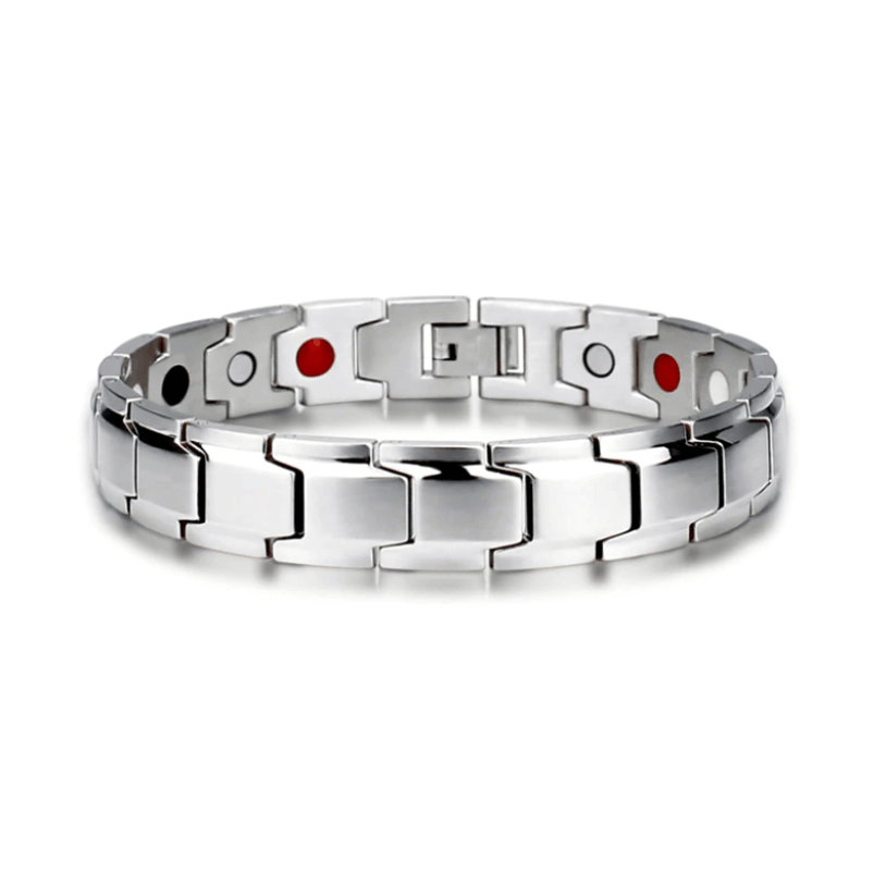 Zilverkleurige roestvrijstalen armband met schakels, plat gefotografeerd tegen witte achtergrond | Boutique Moda