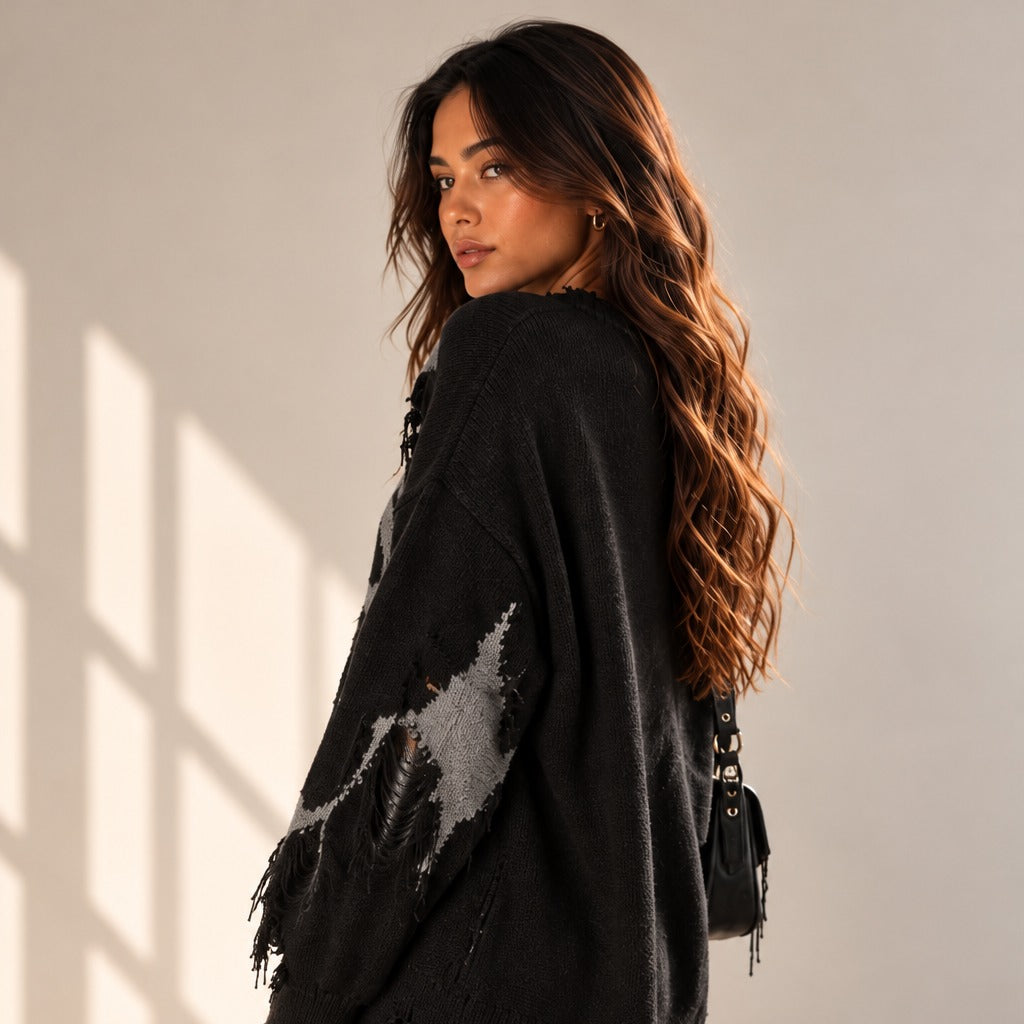 Oversized distressed trui met skullmotief in zwart, gedragen, achteraanzicht