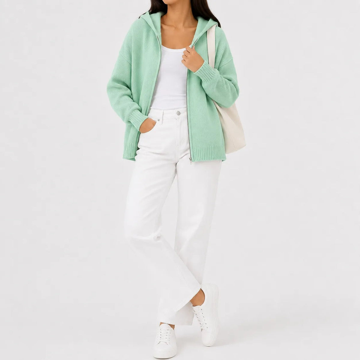 Gebreid vest met rits en capuchon in mintgroen, gedragen, volledige look