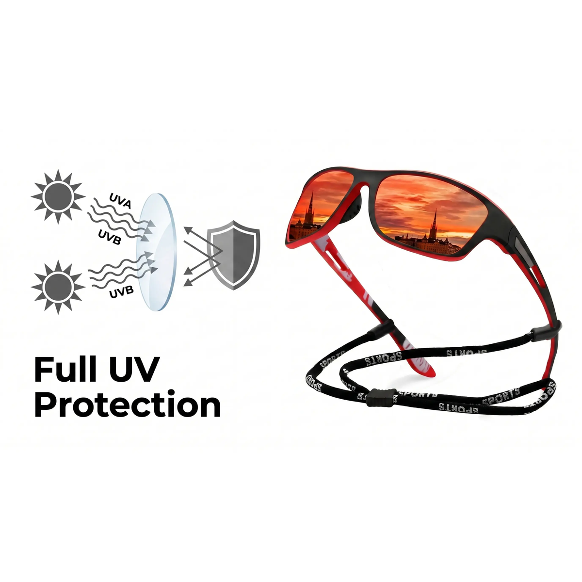 Zwarte sportzonnebril met rode glazen en koord, met UV-beschermingsdiagram | Boutique Moda