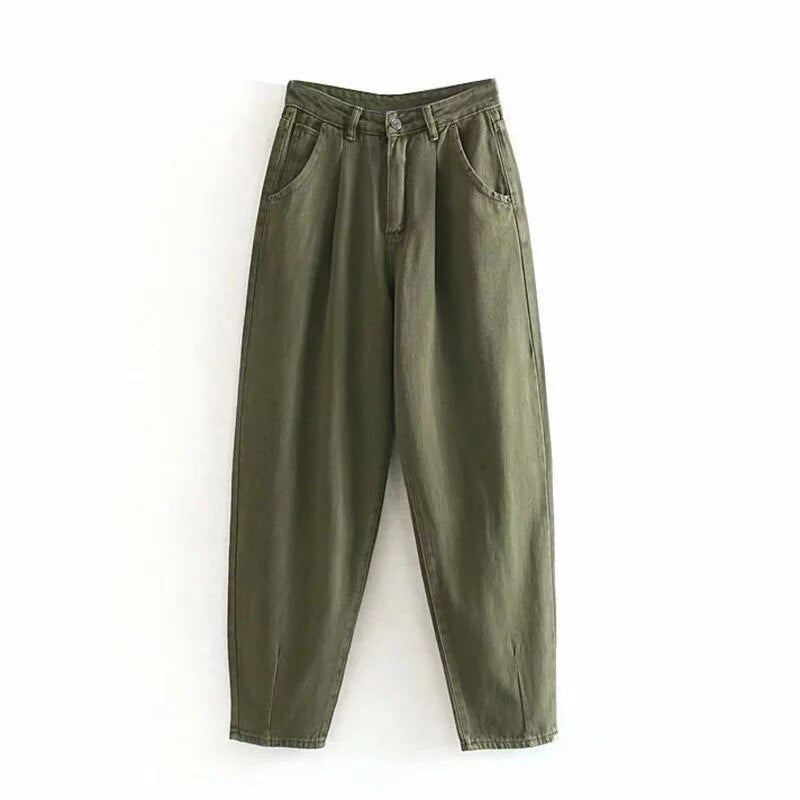 Olijfgroene barrel jeans, voorkant