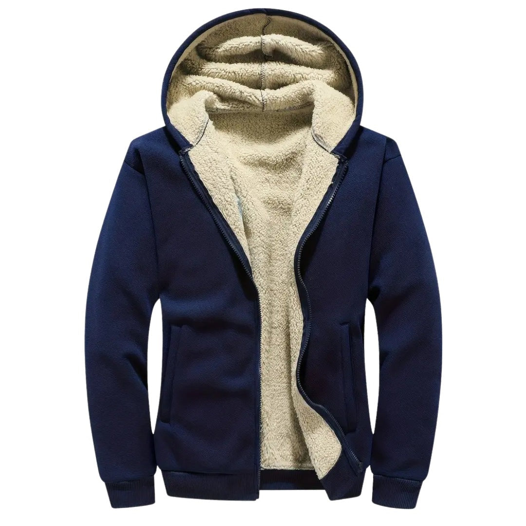 Gevoerde hoodie met rits voor heren in marineblauw, voorkant