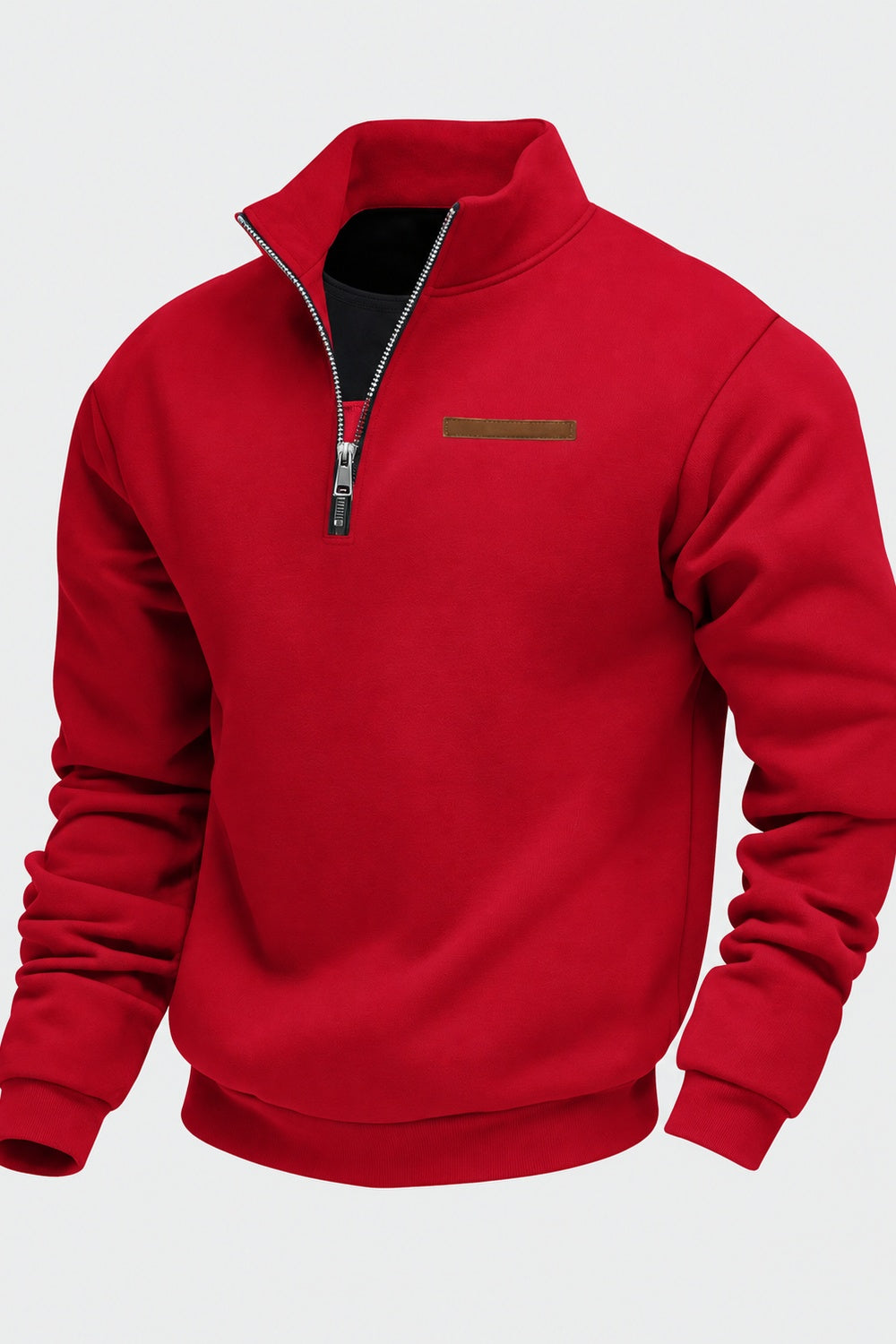 Rode sweater met lipje in leerlook op de borst, productfoto | Boutique Moda
