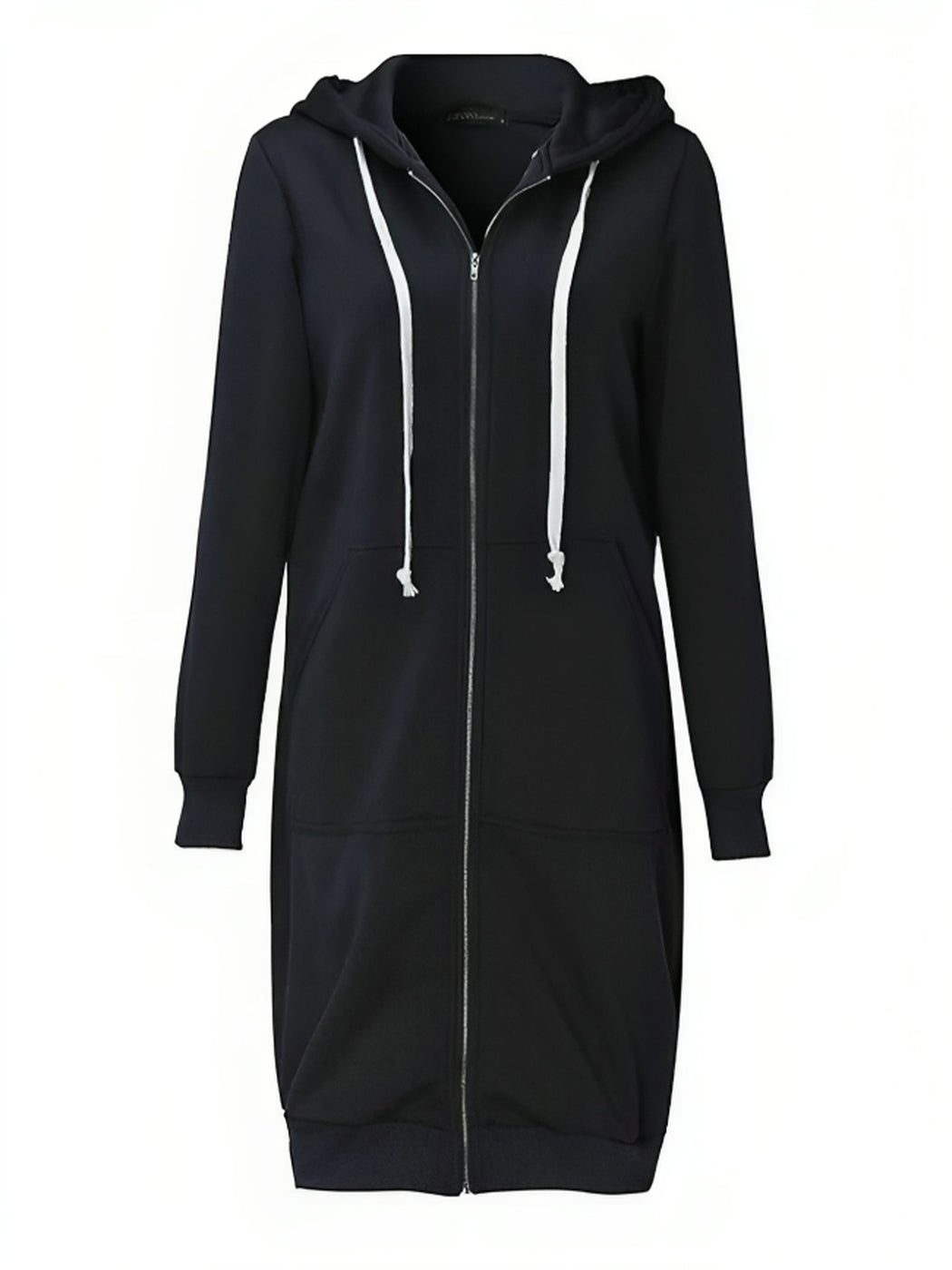 Lang zwart vest, gesloten, met witte koorden en geribde zoomband | Boutique Moda