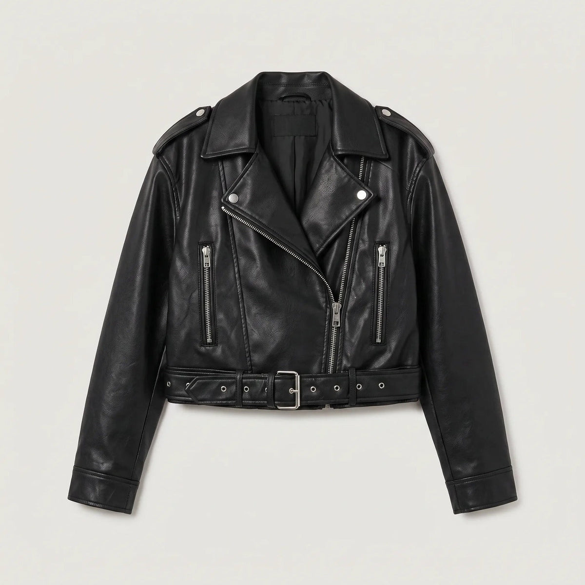 Bikerjack in leerlook met riem in zwart, productfoto