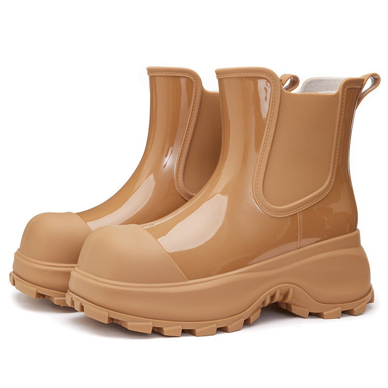 Chelsea-regenlaarzen met plateauzool in camel, productfoto