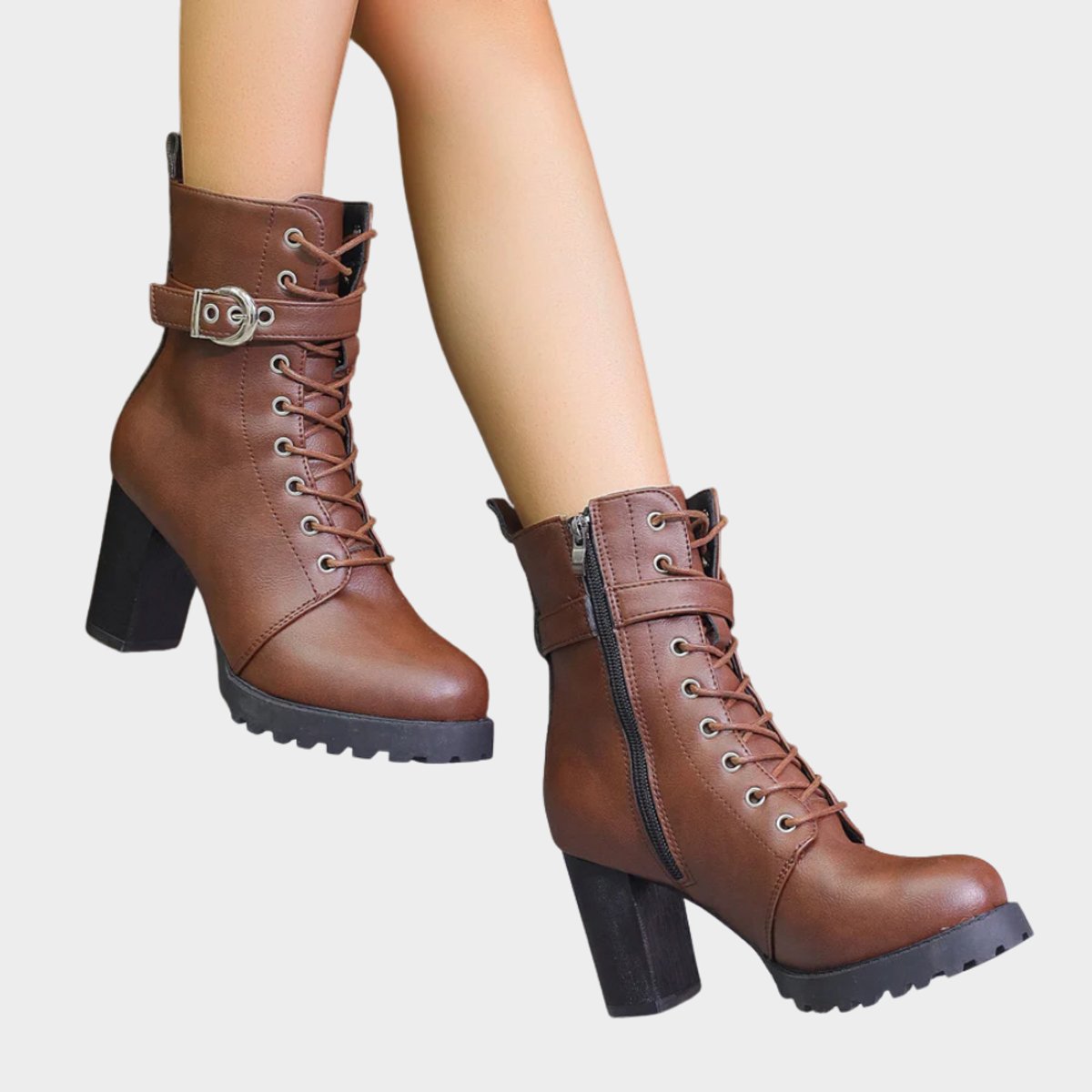Enkellaarsjes Dames | Blokhak | Veters | Gesp-Boutique Moda